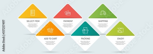 Concept of shopping process with 6 successive steps. Six colorful graphic elements. Timeline design for brochure, presentation, web site. Infographic design layout.