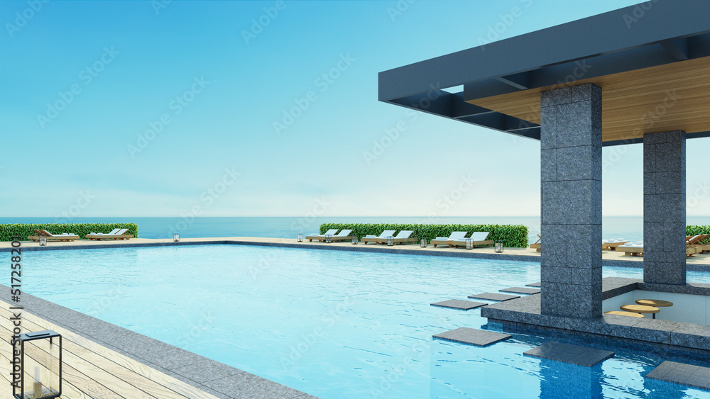 Beach luxury pool bar resort sea view - 3D rendering