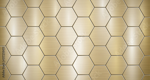 Abstract metallic background in golden colors with highlights, consisting of voluminous convex hexagonal plates