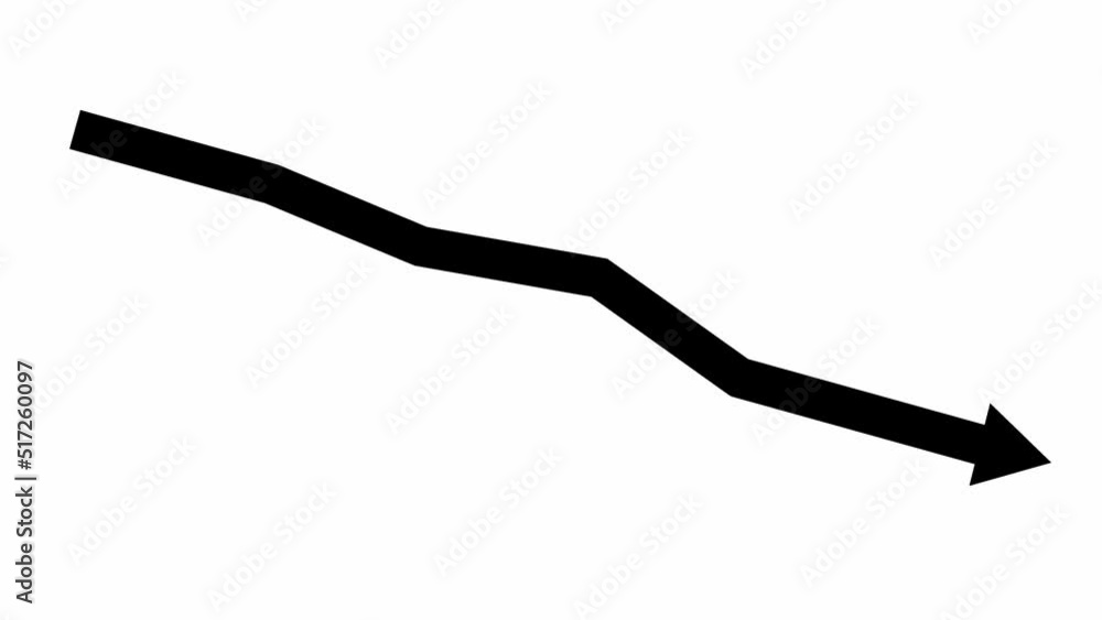 Animated black arrow. Recession chart of economy. Economic crisis, recession, decrease graph. Profit down. Vector illustration isolated on white background. Animated black arrow. Recession chart of economy. Economic crisis, recession, decrease graph. Profit down. Vector illustration isolated on white background.