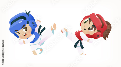 Boy and girl fighting. Taekwondo illustration for sport events designs. Isolated vector image with leg fight.