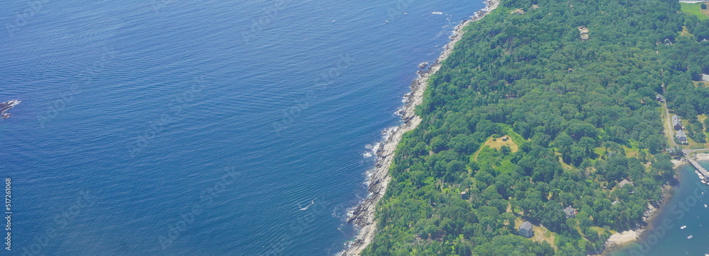 Aerial view of Portland and atlantic ocean from airplane, Maine, USA