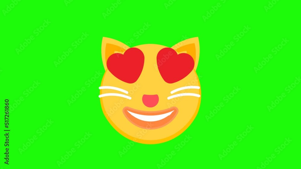 Smiling cat with heart eyes animation on a green background. Animated cat emoji icons. Cat emoji animation with alpha channel. Key color, chroma-key, alpha channel. 4K video Smiling cat with heart eyes animation on a green background. Animated cat emoji icons. Cat emoji animation with alpha channel. Key color, chroma-key, alpha channel. 4K video