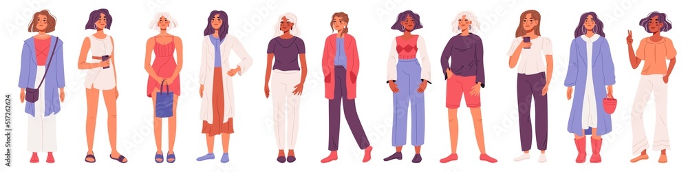 Set of stylish people in fashion casual outfits with accessories and bags. Women fashion outfits with different multiracial persons. Flat vector illustrations
