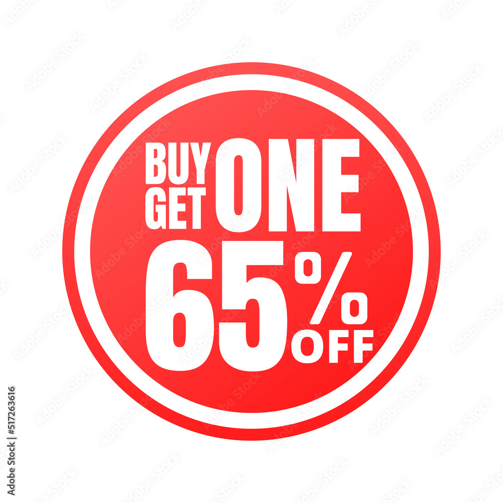 65% off, buy get one, online super discount red button. Vector illustration, icon Sixty-five 65% off, buy get one, online super discount red button. Vector illustration, icon Sixty-five