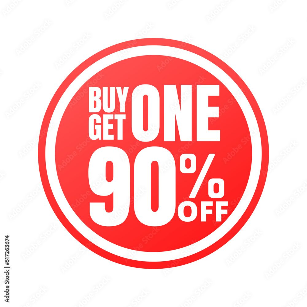 90% off, buy get one, online super discount red button. Vector illustration, icon Ninety 90% off, buy get one, online super discount red button. Vector illustration, icon Ninety
