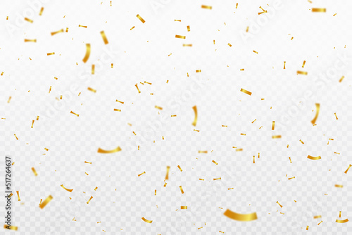 Falling shiny golden confetti isolated on transparent background. Bright festive tinsel of gold color