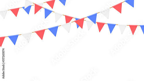 Flag garland. White, blue, red pennants chain. Party bunting decoration. Triangle celebration flags for event decor. Vector