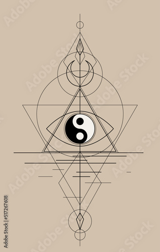The Yin Yang sign. Sacred geometry. Energy circle, boho style, vector isolated on vintage background