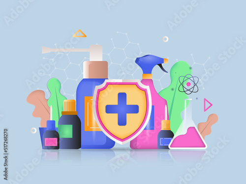 Fototapeta Naklejka Na Ścianę i Meble -  Medicine and health concept 3D illustration. Icon composition with healthcare and treatment in clinic, medicines in bottles, laboratory research of new cures. Illustration for modern web design