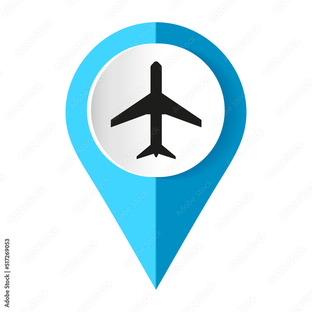 Plane, flight, airplane icon. Map marker with plane icon, vector illustration