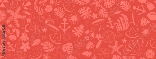Background of various items related to summer holidays at sea, in red colors