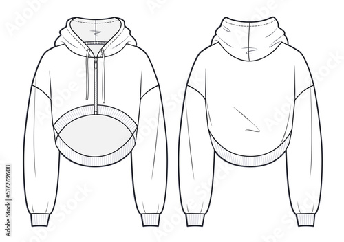Unisex Crop Hooded Sweatshirt fashion tehnical drawing template. Oversize Crop Hoodie template, front and back view, white colour, rib  hem, zipper. Women's fashion CAD mock-up.