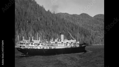 Alaskan Steamship Travel 1937 - A passenger steamship travels the Inside Passage in coastal Alaska in 1937.