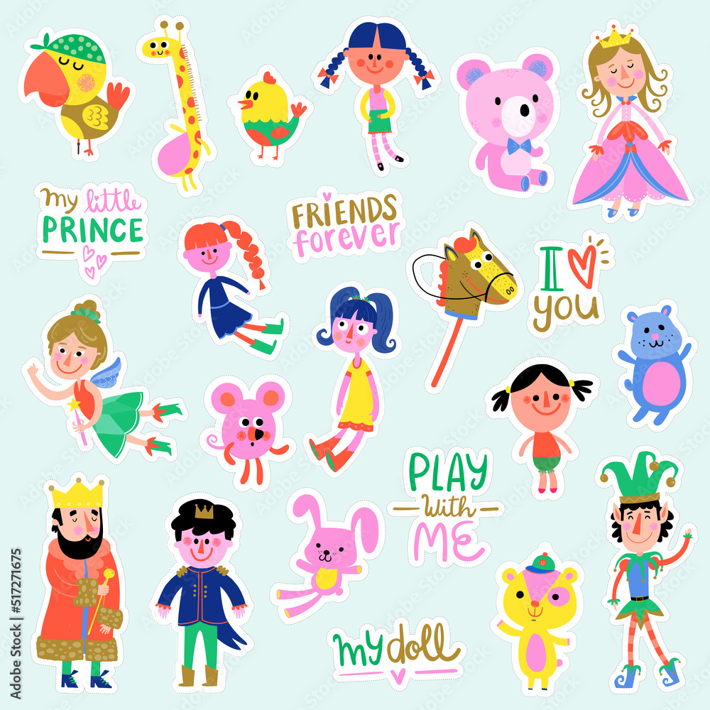 Dolls, princess, prince, play with me, king, fairy tale, toys, puppets, teddy bear, friends forever, kids cute children vector illustrations.