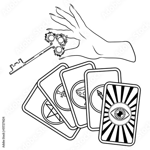 Hand drawn vector illustration with human hand, key and tarot cards on white background. Prediction concept. All seeing eye, cupa, pentacles, swords, wands. Occultism, esoteric, spirituality, massons