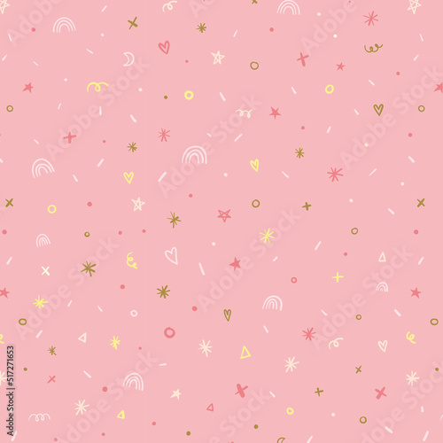 Stars, confetti and sparkle elements pink girly background illustration pattern.
