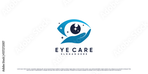Eye care logo design inspiration with hand and creative element Premium Vector