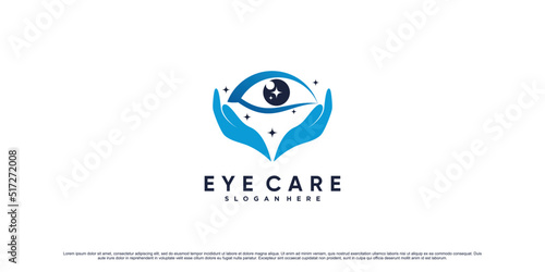Eye care logo design inspiration with hand and creative element Premium Vector