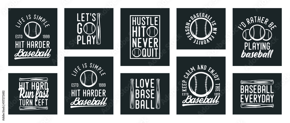 collection of ten vector baseball t-shirt design, baseball t-shirt design set, vintage baseball t-shirt design collection, typography baseball t-shirt collection, retro style vector t-shirt collection