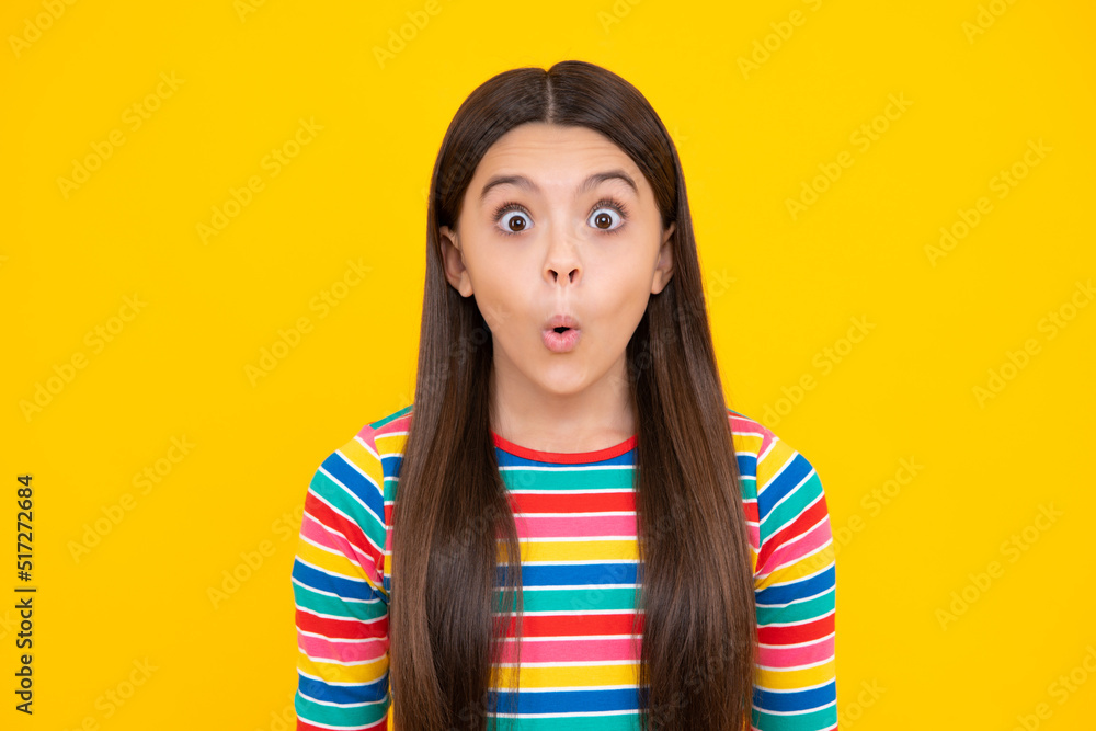 Surprised teenager girl. Headshot portrait of teenager child girl isolated on studio background. Childhood lifestyle concept. Mock up copy space. Surprised teenager girl. Headshot portrait of teenager child girl isolated on studio background. Childhood lifestyle concept. Mock up copy space.