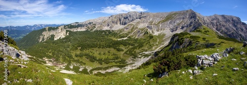 Panoramic view to the valley and peaks Schrocken and Pyhrner Kampl at Totes Gebirge moutains in Alps, Austia
