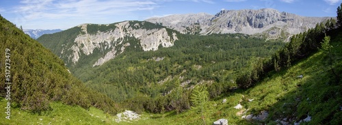 Panoramic view to valley under Brennert and Mitterberg peaks with rocky peak Torstein in backround, Totes Gebirge, Alps, Austria