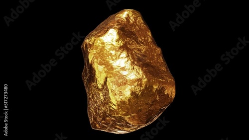 Realistic looping 3D animation of the shining gold nugget demonstration rendered in UHD with alpha matte