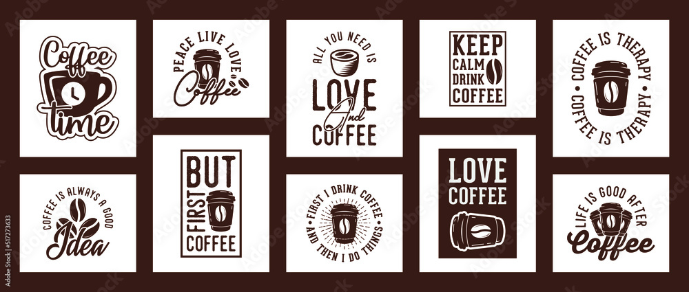 collection of ten vector coffee t-shirt designs, coffee t-shirt design set, vintage coffee t-shirt design collection, typography coffee t-shirt collection, coffee retro style vector t-shirt collection