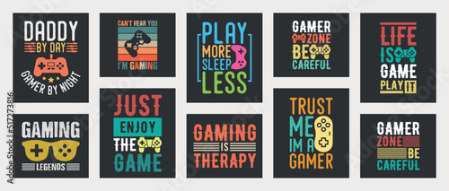 collection of ten vector gaming t-shirt design, gaming t-shirt design set, vintage gaming t-shirt design collection, typography gaming t-shirt collection, gaming retro style vector t-shirt collection