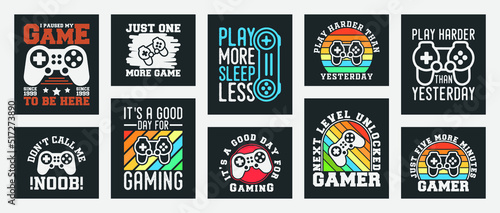 collection of ten vector gaming t-shirt design, gaming t-shirt design set, vintage gaming t-shirt design collection, typography gaming t-shirt collection, gaming retro style vector t-shirt collection