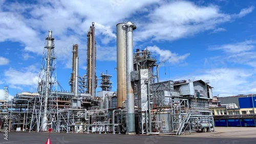 Large-capacity workshop for the production of ammonia from a petrochemical plant. The appearance of a tubular furnace, a shaft converter, a CO2 absorber