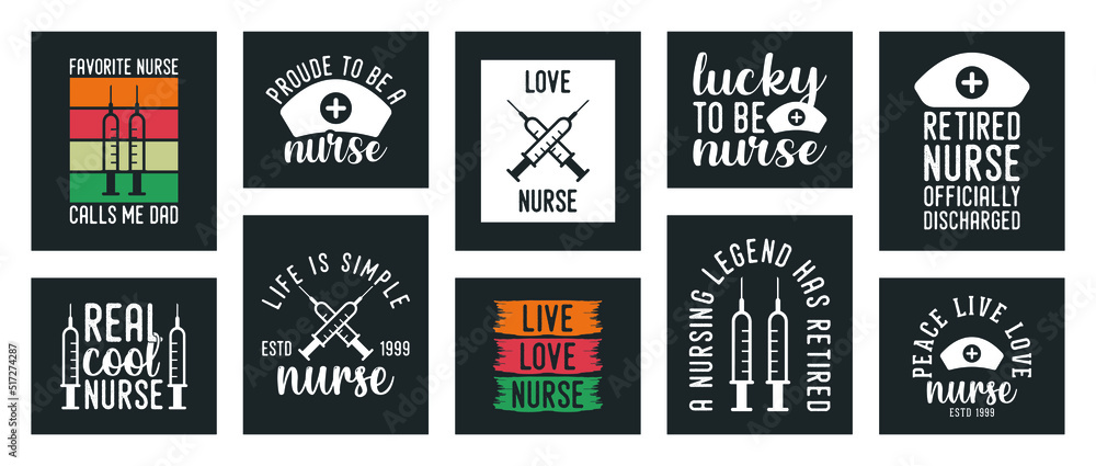 collection of ten vector nurse t-shirt designs, nurse t-shirt design set, vintage nurse t-shirt design collection, typography nurse t-shirt collection, retro style vector t-shirt collection