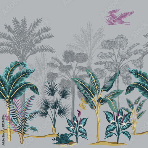 Tropical vintage landscape, trees, palms, bush floral seamless border. Jungle botanical mural.	