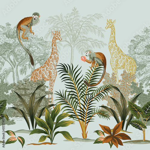 Safari ink drawn palm trees, plant, giraffe, monkey animal summer floral seamless border. African botanical mural.