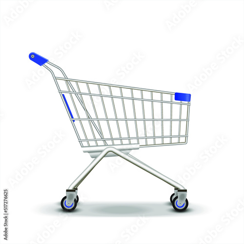 Metal wire small shopping cart for mall. Empty bag on wheels to carry heavy items, purchasing. Realistic supermarket trolley illustration. Object isolated on white background.