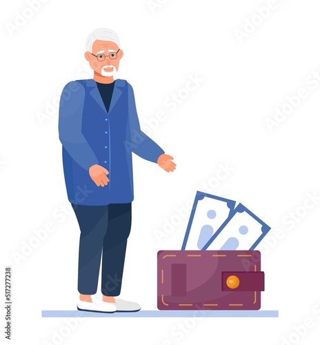 Pension, private savings for old age concept vector. An elderly man stands next to a large wallet with banknotes.