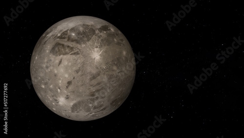 Jupiter's moon Ganymede with text space on the right. Realistic 3D render of Ganymede and stars. Ganymede in space. photo