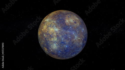 Planet Mercury with enhanced Color. Realistic 3D render of mercury and stars. Mercury in space. 