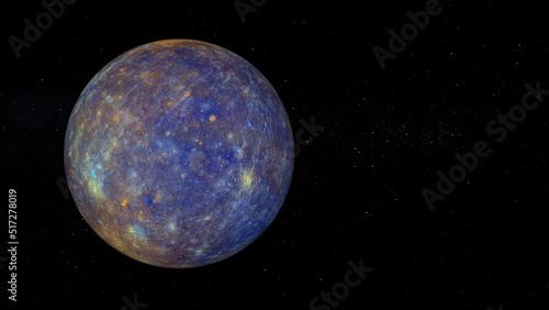 Planet Mercury with enhanced Color. Text space on the right. Realistic 3D render of mercury and stars. Mercury in space.