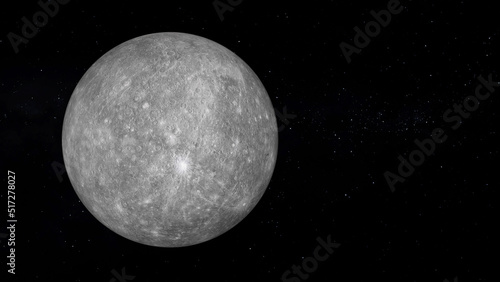 Planet Mercury with text space on the right. Realistic 3D render of mercury and stars. Mercury in space.