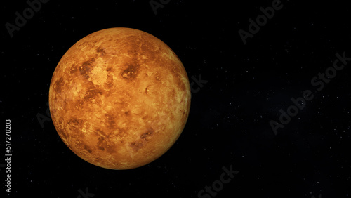 Venus surface without clouds. Title space on the right. Realistic 3D render of Venus and stars.