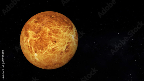 Venus surface without clouds. Text space on the right. Realistic 3D render of Venus and stars.