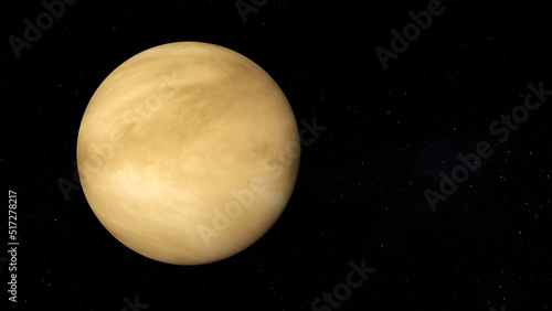 Planet Venus with text space on the right. Realistic 3D render of Venus and stars.