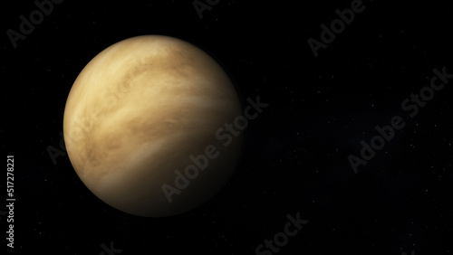 Planet Venus with text space on the right. Realistic 3D render of Venus and stars.