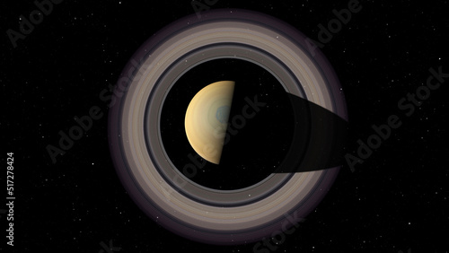 Top view of Saturn in space. Photo realistic 3D render of Saturn and stars.