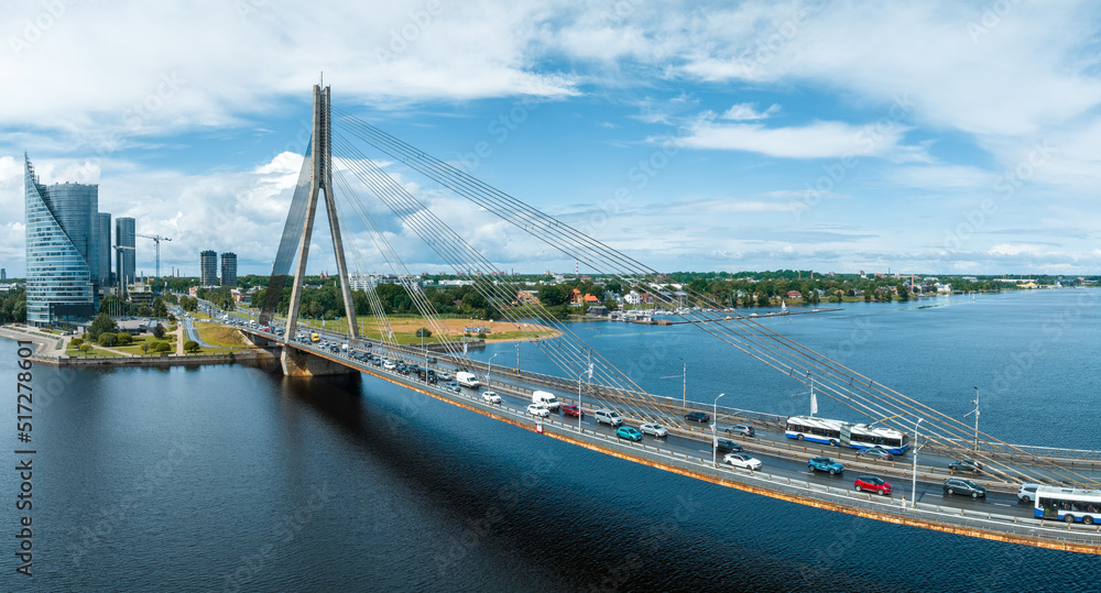 A panoramic image of the Vansu bridge that spans the river Daugava in the Latvian capital of Riga.