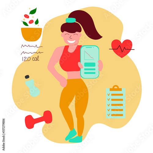 Woman using mobile app for fitness and healthy meal plan. Healthy lifestyle concept flat vector