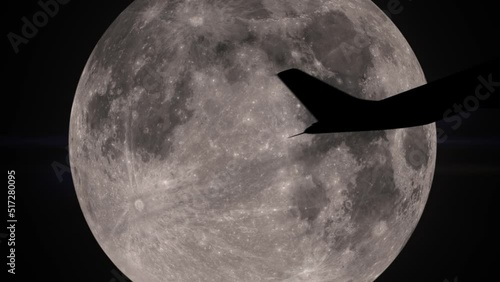 Airplane flying in front of full moon. Plane passing over super moon. Photo realistic 3D CGI [ProRes - UHD 4K]