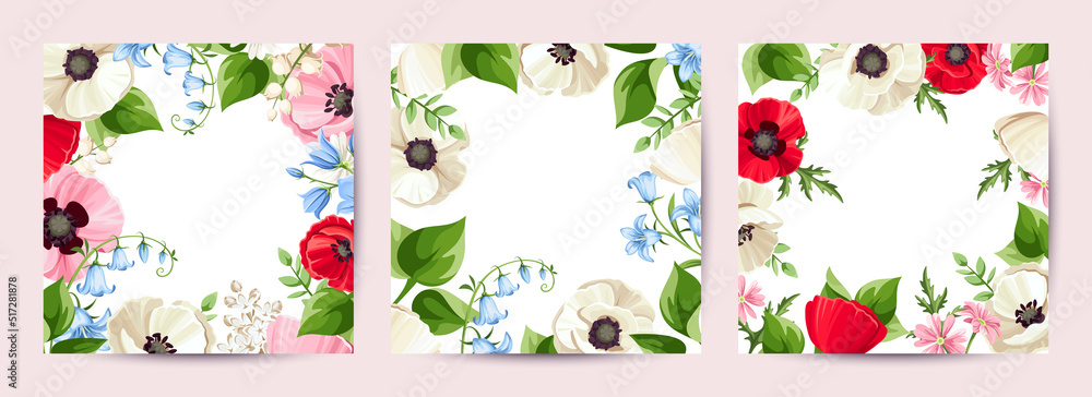 Fototapeta premium Set of floral cards with red, white, pink, and blue poppy, bluebell, and lily-of-the-valley flowers. Greeting or invitation card design